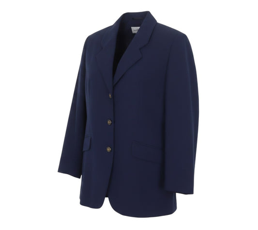 Prewornwholesale vintage I. Magnin navy blue longline blazer with a three-button front and notched lapels.