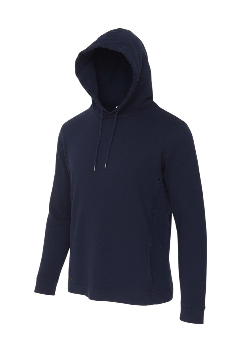 Prewornwholesale navy blue cotton pullover hoodie with a drawstring hood and long sleeves for casual outdoor wear.