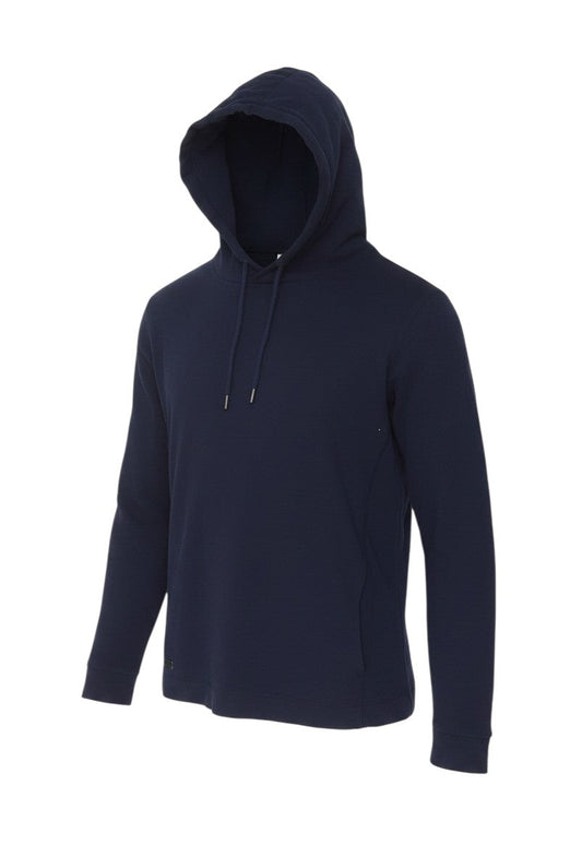 Prewornwholesale navy blue cotton pullover hoodie with a drawstring hood and long sleeves for casual outdoor wear.
