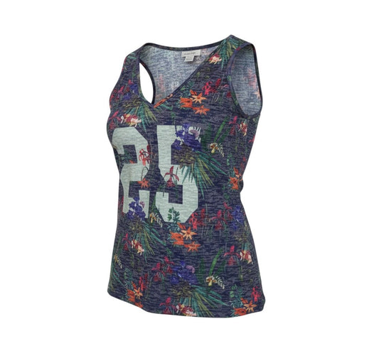 Prewornwholesale women's navy floral tank top with a large white number 25 graphic and V-neckline