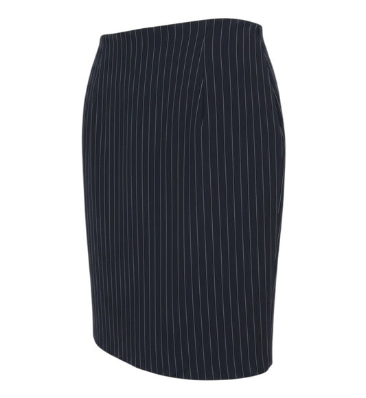 Prewornwholesale navy blue pinstripe pencil skirt with a knee-length tailored fit for professional office wear.