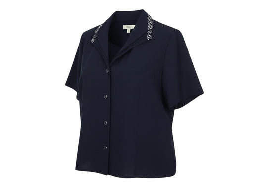Prewornwholesale navy blue short sleeve suit jacket with notched lapel and white abstract print trim, size 22