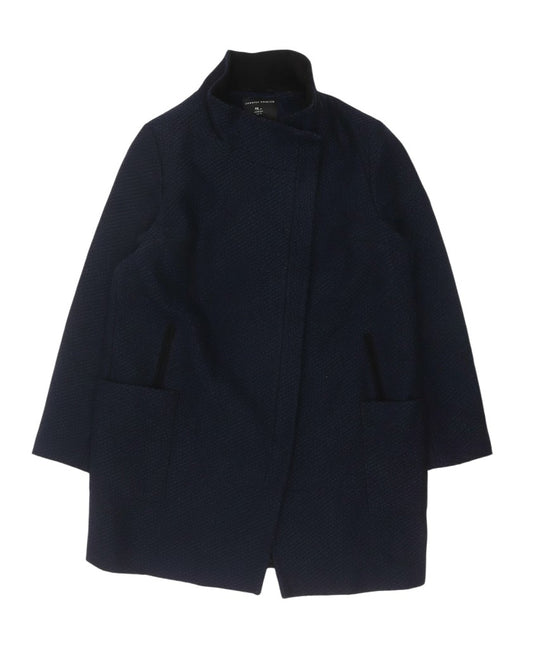 Prewornwholesale navy blue textured overcoat with a high stand collar and front pockets in a mid-length silhouette.