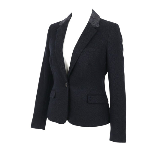 Prewornwholesale Zara Basic navy blue tweed wool-blend single-breasted blazer with grey collar and flap pockets