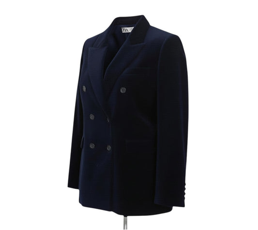 Prewornwholesale Zara navy blue velvet double-breasted tuxedo blazer with peak lapels and tailored fit