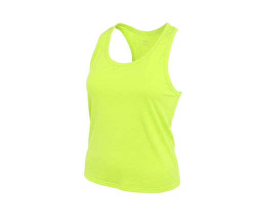 Prewornwholesale women's neon green polyester racerback tank top with a scoop neck for gym and workout activities.