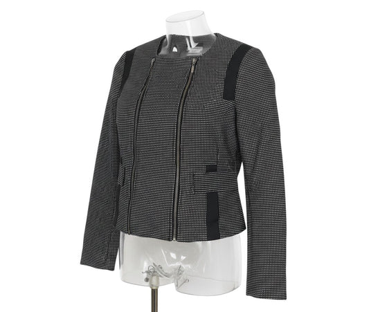 Prewornwholesale Next black and white geometric print cropped cotton jacket with silver zip details on a mannequin