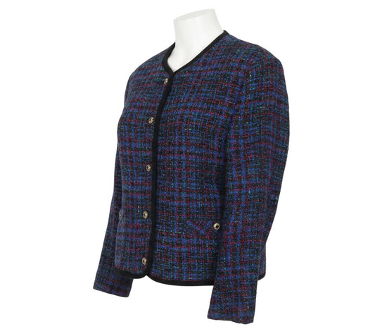 Prewornwholesale Next Originals multicoloured tweed blazer with gold buttons and black trim on a mannequin