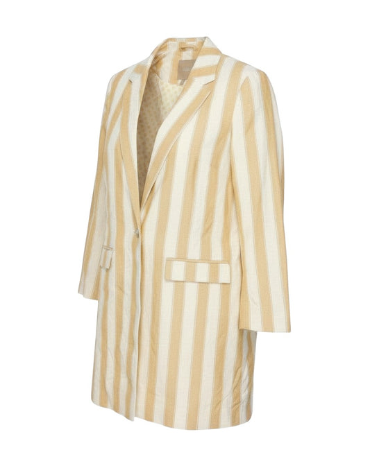 Prewornwholesale Next beige and ivory striped linen-cotton longline blazer with notch lapels and single button closure.