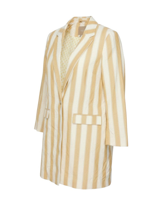 Prewornwholesale Next beige and ivory striped linen cotton longline blazer with notch lapels and single button closure