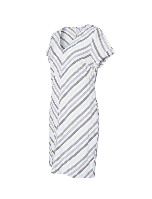 Prewornwholesale Next linen blend shift dress featuring a multicoloured chevron stripe pattern and V-neckline
