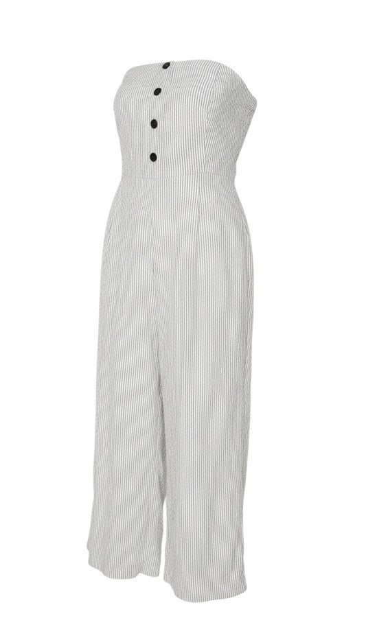 Prewornwholesale Next white and black striped linen blend strapless wide leg jumpsuit with front button detail