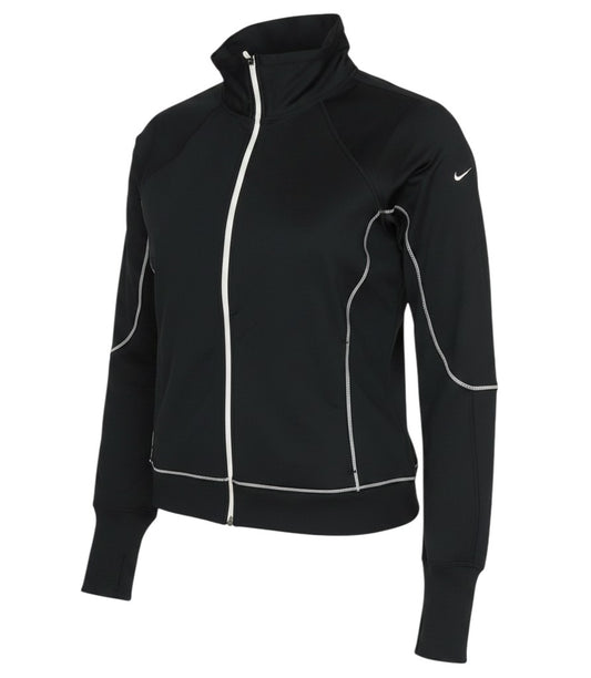 Prewornwholesale Nike women's black Dri-Fit track jacket with white zip and seam detailing, featuring thumbhole cuffs.