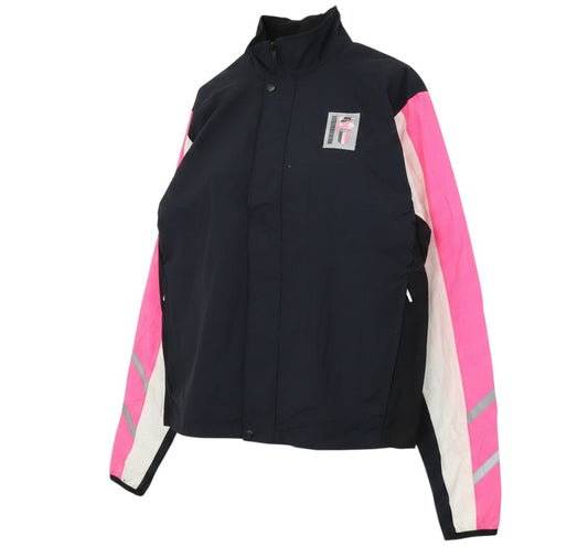 Prewornwholesale Nike women's black windbreaker with pink and white sleeve panels and reflective detailing.