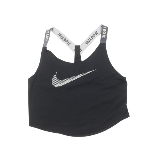 Prewornwholesale Nike black Dri-Fit racerback tank top with Just Do It branded straps and white swoosh logo