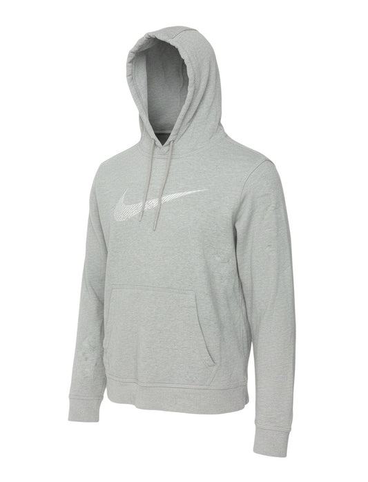 Prewornwholesale Nike grey cotton fleece pullover hoodie with white striped Swoosh logo and kangaroo pocket