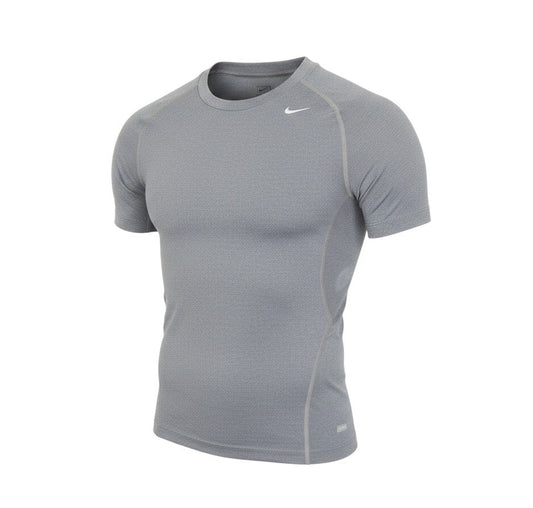 Prewornwholesale Nike women's grey seamless Dri-Fit short sleeve athletic t-shirt with crew neck and raglan sleeves