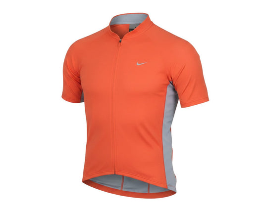 Prewornwholesale Nike orange short-sleeve athletic jersey with a full zip front and grey side panels.