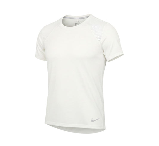 Prewornwholesale white Nike Dri-Fit women's running t-shirt with breathable mesh panels and short raglan sleeves.