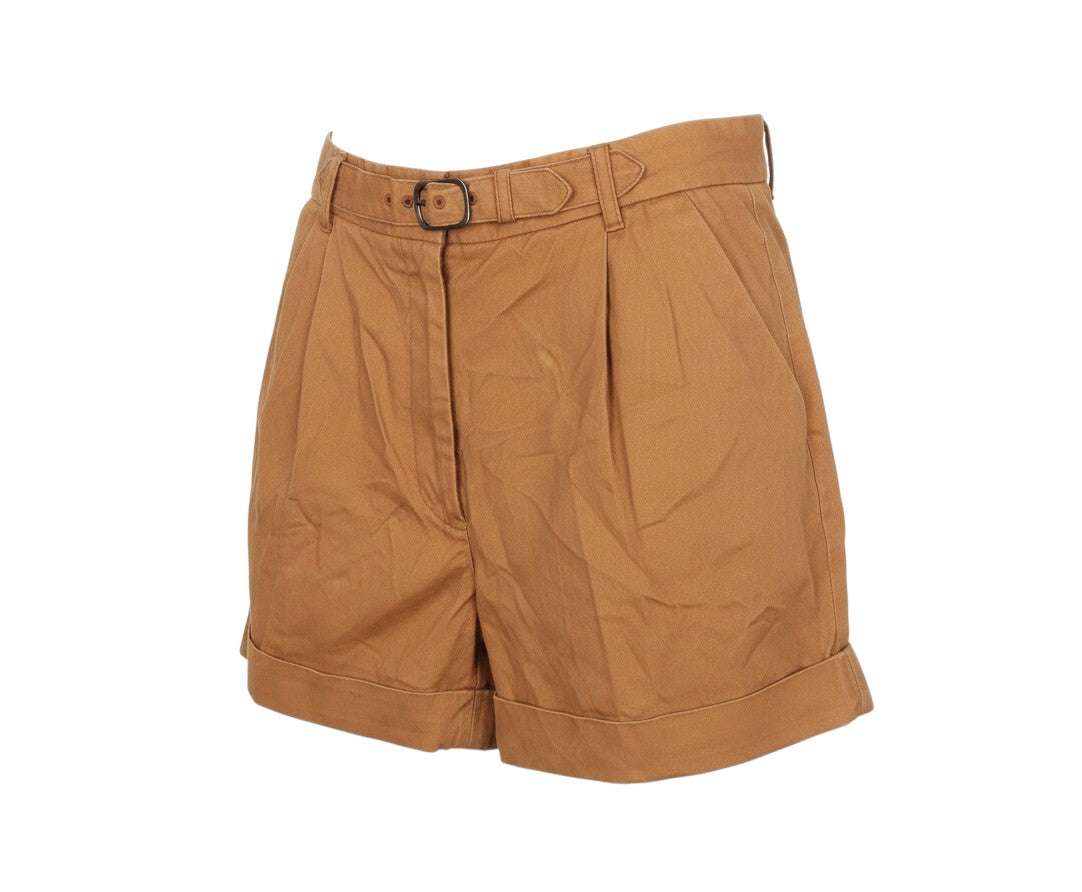 Prewornwholesale Oasis brown high-rise tailored shorts with a belted waist, front pleats, and cuffed hems.