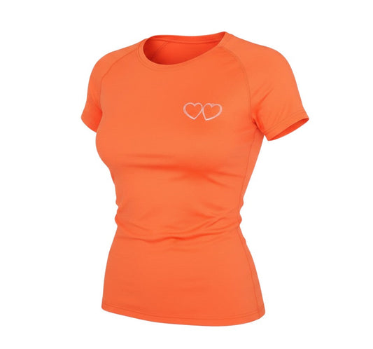 Prewornwholesale women's orange crew neck short sleeve athletic t-shirt with a small white heart graphic on the chest