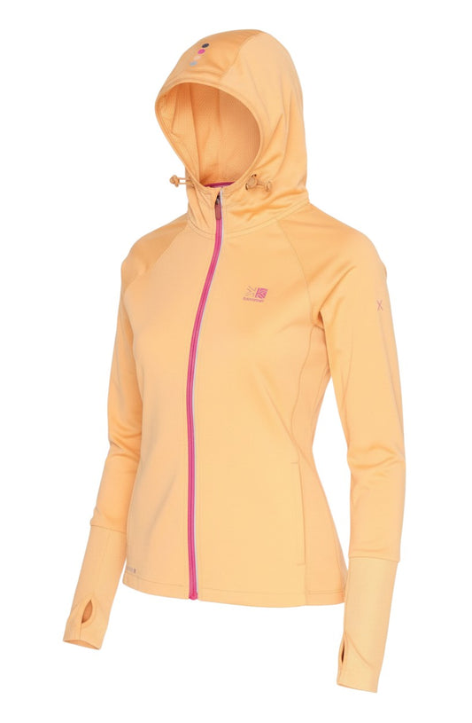 Prewornwholesale women's orange Karrimor X-Lite running jacket with hood, full zip, and thumbhole cuffs