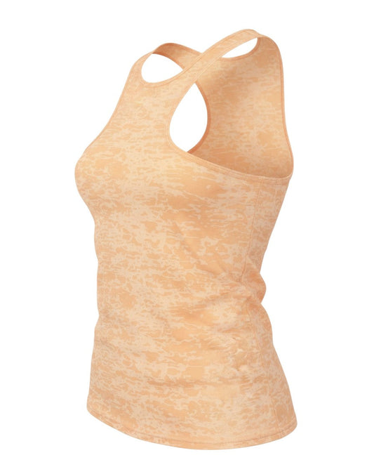 Prewornwholesale orange racerback gym tank top with a subtle mottled pattern, crafted from a polyester-viscose blend.