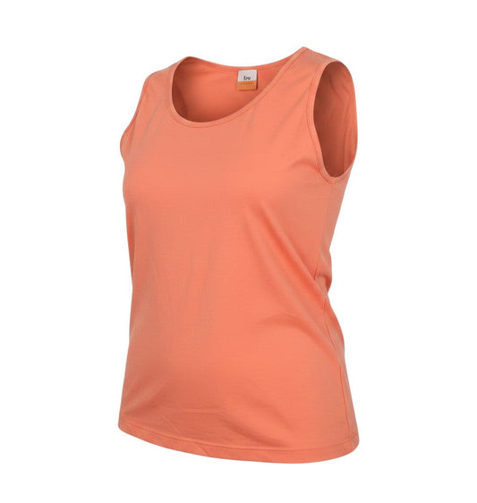 Prewornwholesale Tru women's orange sleeveless tank top with a scoop neck made from comfortable polyamide fabric.