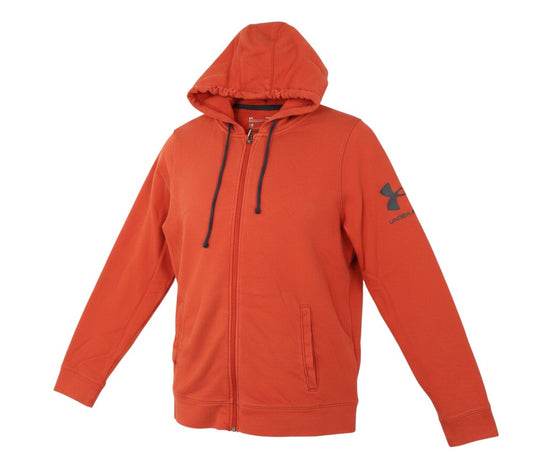 Prewornwholesale men's orange Under Armour full-zip hoodie with dark drawcords and sleeve logo in a cotton blend