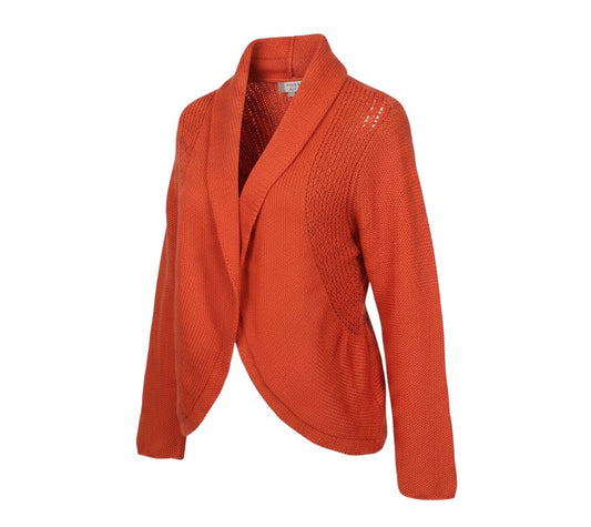 Prewornwholesale orange cotton-rich wrap cardigan with open knit texture and draped collar in a relaxed fit