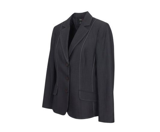 Prewornwholesale Oscar B. black tailored blazer with contrast stitching, notch lapels, and three-button front closure.
