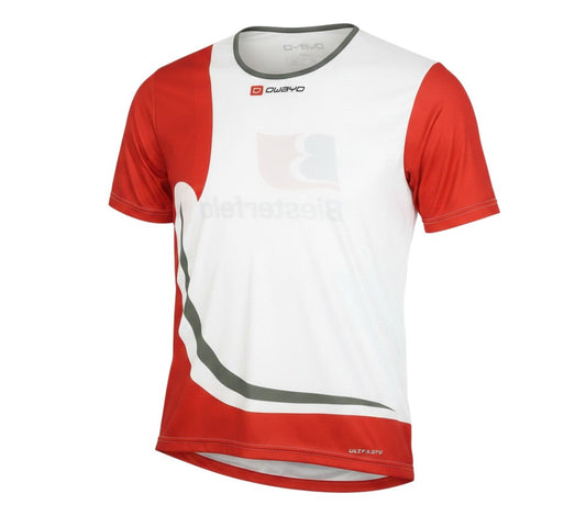 Prewornwholesale Owayo unisex white and red athletic short sleeve jersey with crew neck and ultradry technology.