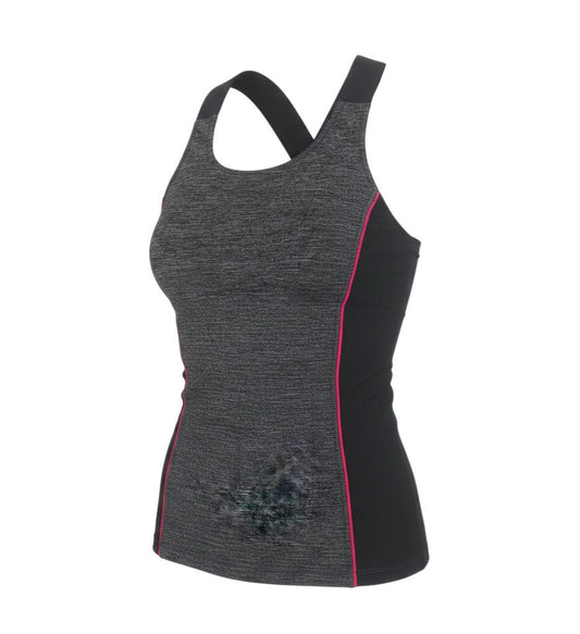 Prewornwholesale Oysho women's black and grey racerback tank top with pink piping for athletic workouts.