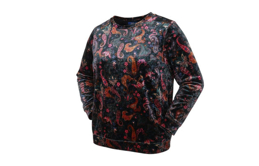 Prewornwholesale Cotton Traders multicoloured paisley print velvet pullover sweatshirt with a crew neckline