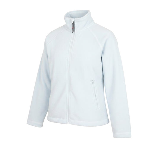 Prewornwholesale pale blue Jerzees women's fleece jacket with full zip closure and high collar for activewear.