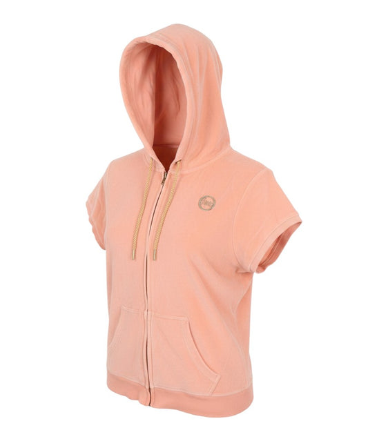 Prewornwholesale peach orange velour short sleeve zip-up hoodie with a hood and front kangaroo pocket