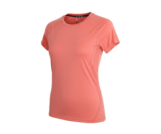 Prewornwholesale coral pink short sleeve active T-shirt with crew neck and breathable raglan sleeves for workouts.