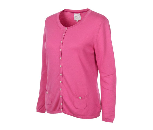 Prewornwholesale pink cotton cardigan with long sleeves, button front, and two patch pockets in a classic fit.