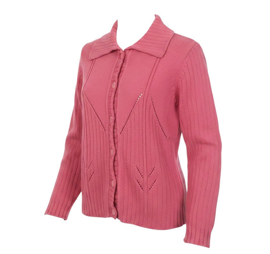 Prewornwholesale pink cotton cable knit cardigan with a collared neckline, button front, and pointelle detailing.