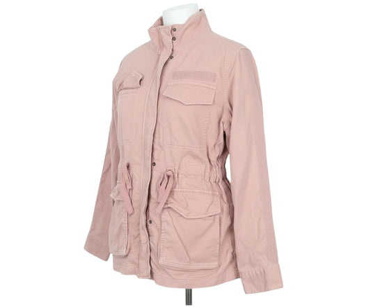 Prewornwholesale pink cotton military jacket with front flap pockets and drawstring waist on a mannequin