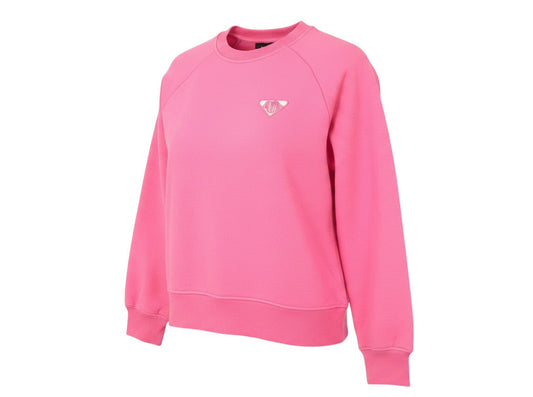 Prewornwholesale pink crew neck pullover sweatshirt with raglan sleeves and chest logo detail