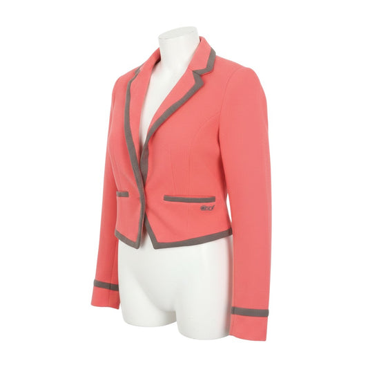 Prewornwholesale BWNY Jeans pink cropped blazer with dark grey trim, single-breasted one-button closure on a mannequin.