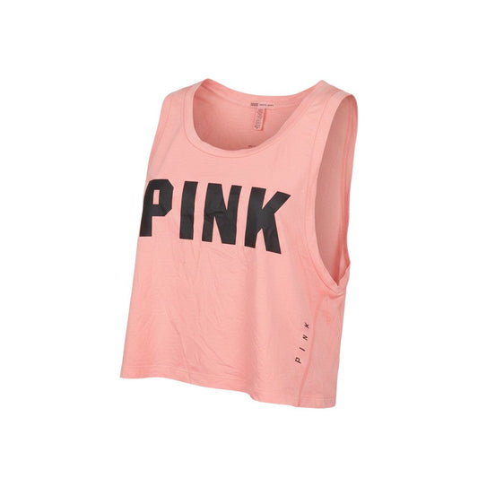 Prewornwholesale PINK sleeveless pink cropped tank top with black logo lettering and crew neckline