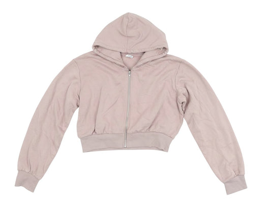 Prewornwholesale H&M Divided pink cropped hooded full zip jacket with ribbed cuffs and hem on a white background