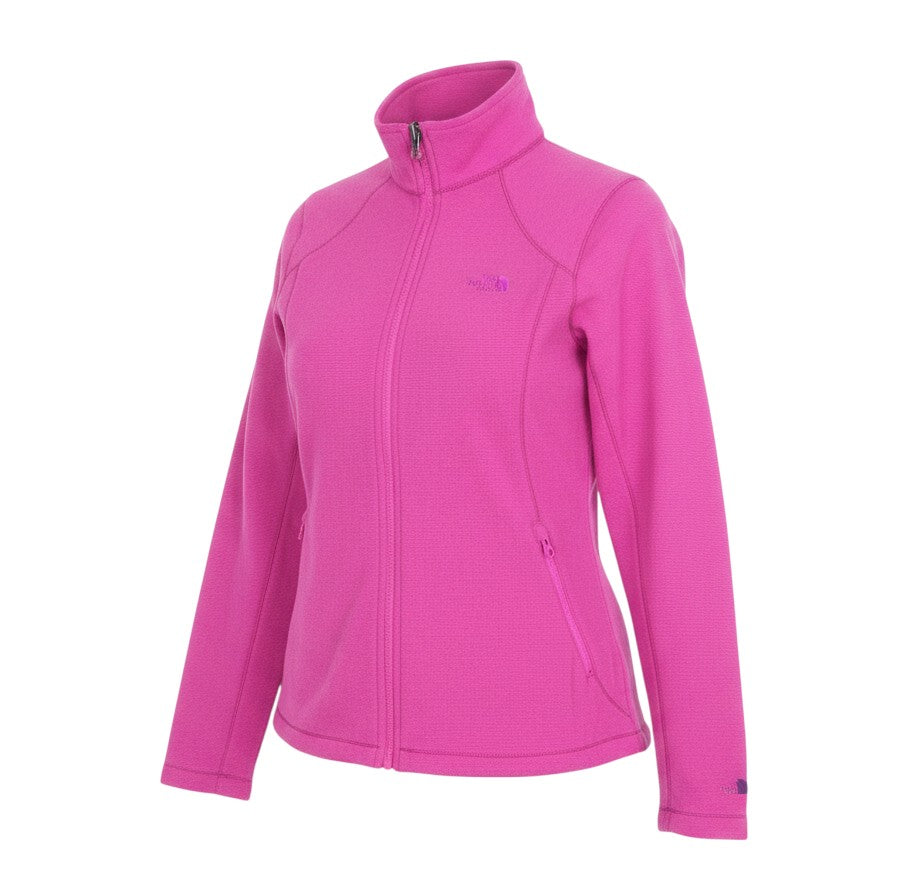 Prewornwholesale The North Face women's vibrant pink fleece jacket with a full zip, high collar, and side pockets.