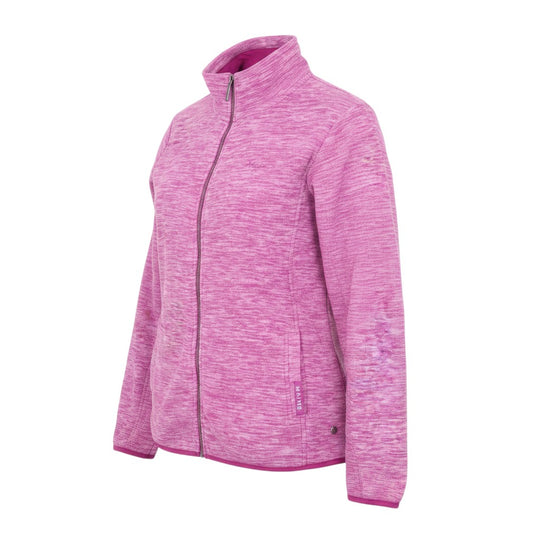 Prewornwholesale Maine New England women's heathered pink full zip fleece jacket with high collar and side pockets.