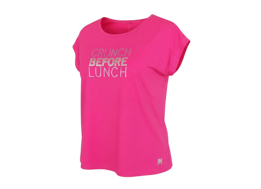 Prewornwholesale Red Herring pink polyester round neck t-shirt with Crunch Before Lunch graphic print