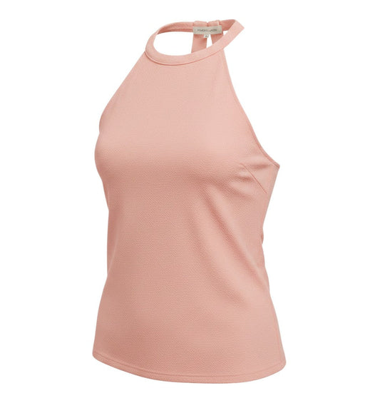 Prewornwholesale River Island pink textured polyester halter neck tank top with a round neckline