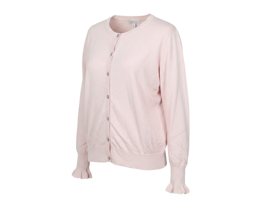 Prewornwholesale Capsule pink knit cardigan with round neck, button front, and feminine ruffle cuffs in plus size 24.