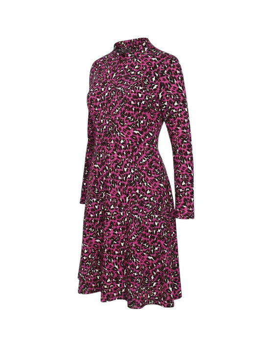 Prewornwholesale pink and black leopard print fit and flare jersey dress with long sleeves and a round neckline.